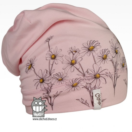 Dráče - Bavlněná čepice Polo - vzor 62 - kopretiny - růžová světlá