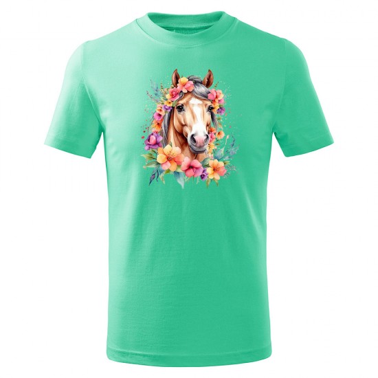 Dětské bavlněné tričko s potiskem - vzor 037 - mentolová / kůň