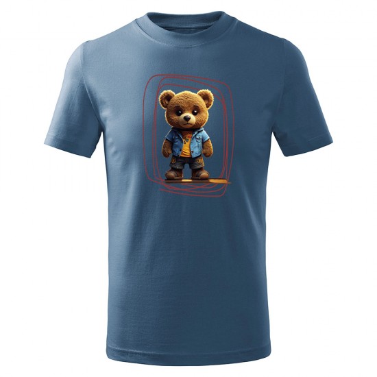 Dětské bavlněné tričko s potiskem - vzor 039 - denim / medvídek